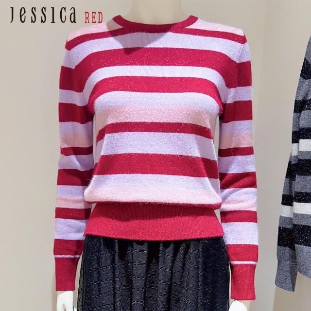 【Jessica Red】經典百搭黑白灰條紋圓領針織衫824553（紅）