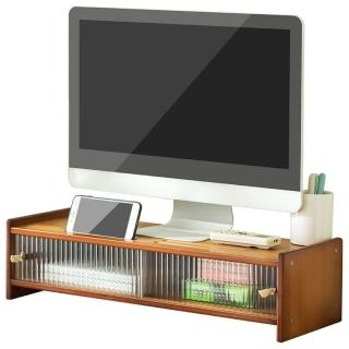 【picknew】多功能滑門收納茶木色標準電腦螢幕增高架(螢幕增高櫃 電腦架 電視櫃 增高櫃 桌面收納櫃) 限