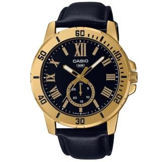 【CASIO 卡西歐】經典羅馬時刻潛水風格設計皮帶指針腕錶-金框X黑(MTP-VD200GL-1B)