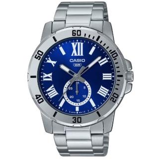 【CASIO 卡西歐】經典羅馬時刻潛水風格設計不鏽鋼指針錶-藍面(MTP-VD200D-2B)