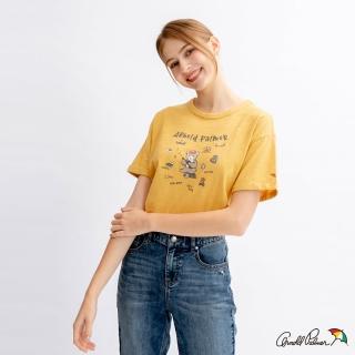 【Arnold Palmer 雨傘】女裝-竹節棉前短後長主題印花寬鬆版短T-Shirt(暖黃色)