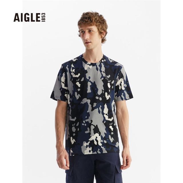 【AIGLE】男 有機棉印花短袖T恤(AG-FAC94A220 黑迷彩)