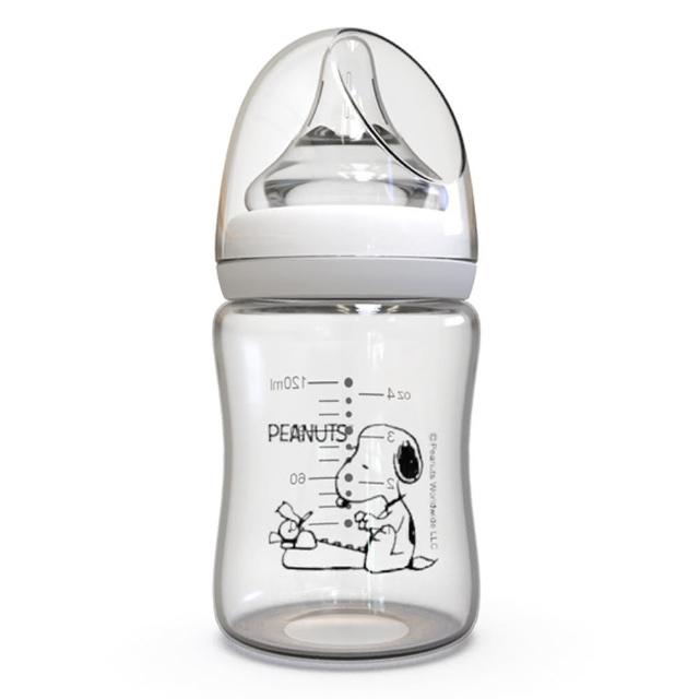 【SNOOPY 史努比】寬口直身晶鑽玻璃奶瓶120ml 一入組(小容量奶瓶 初生嬰兒奶瓶)