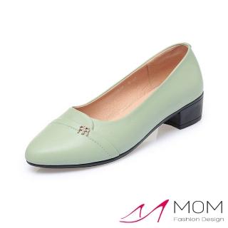 【MOM】真皮跟鞋 尖頭跟鞋 粗跟跟鞋/真皮小尖頭美鑽飾件時尚粗跟鞋(綠)