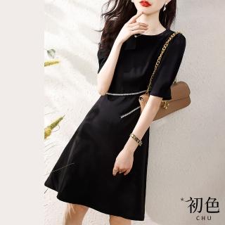 【初色】清涼感簡約休閒圓領收腰短袖連身裙洋裝-黑色-67724(M-XL可選)