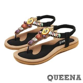 【QUEENA】繽紛寶石時尚民族風串珠T字羅馬涼鞋(黑)