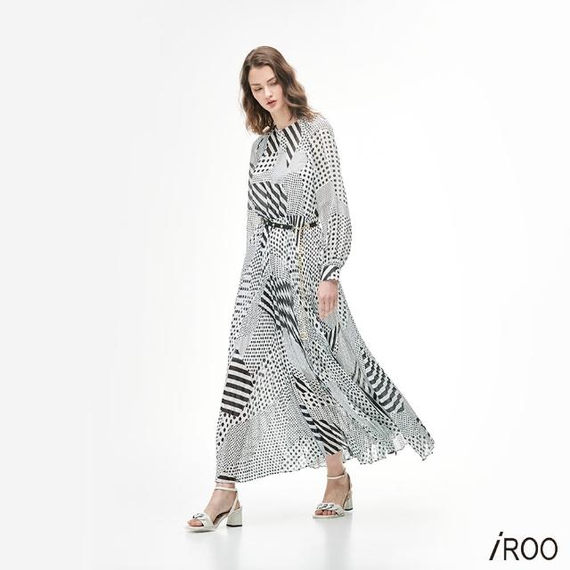 【iROO】黑白點點雪紡長版洋裝