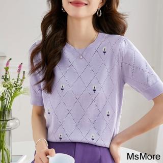 【MsMore】紫羅蘭短袖針織衫時尚挑孔刺繡圓領寬鬆短版上衣#117004(紫)