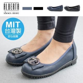 【Alberta】MIT台灣製 跟2.5cm 舒適乳膠鞋墊素色大蝴蝶結圓形金屬裝飾皮質鞋面平底包鞋 娃娃鞋