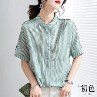 【初色】涼爽透氣棉麻風寬鬆條紋立領短袖襯衫上衣女上衣-綠色-67597(M-2XL可選)