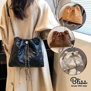 【Bliss BKK】時尚菱格紋束口鍊條水桶包 小香風 鍊條包 斜跨包(4色可選)