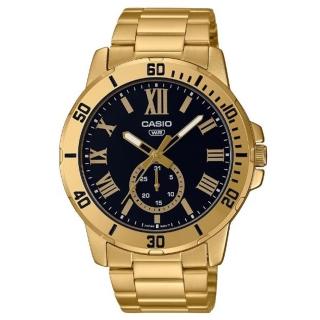 【CASIO 卡西歐】經典羅馬時刻潛水風格設計不鏽鋼指針錶-金色X黑面(MTP-VD200G-1B)