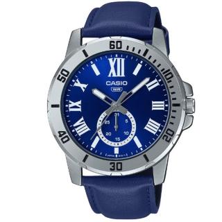 【CASIO 卡西歐】經典羅馬時刻潛水風格設計皮帶指針腕錶-藍(MTP-VD200L-2B)