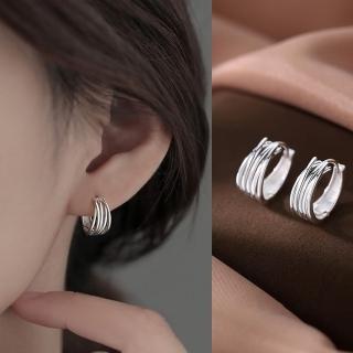 【Emi 艾迷】韓系高冷個性線條堆疊環繞925銀針 耳環 耳扣