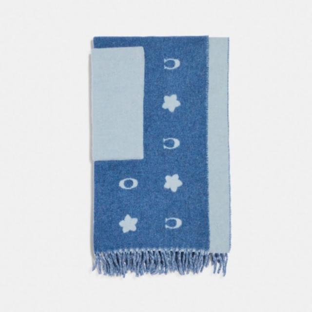 【COACH】LOGO 混羊毛雙口袋厚圍巾(藍色)