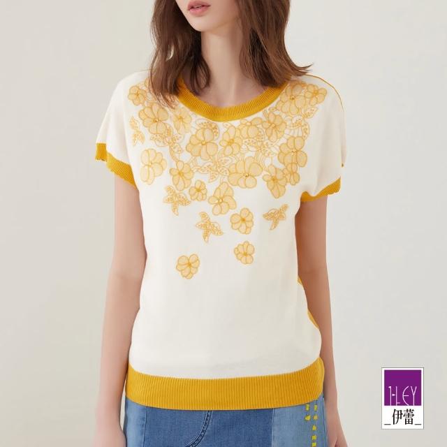 【ILEY 伊蕾】氣質花卉刺繡棉質羅紋針織上衣(黃色；M-XL；1231455008)