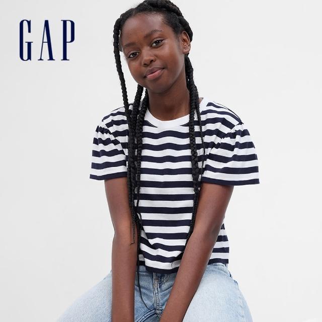 【GAP】女童裝 純棉條紋小飛袖短袖T恤-海軍藍條紋(665829)