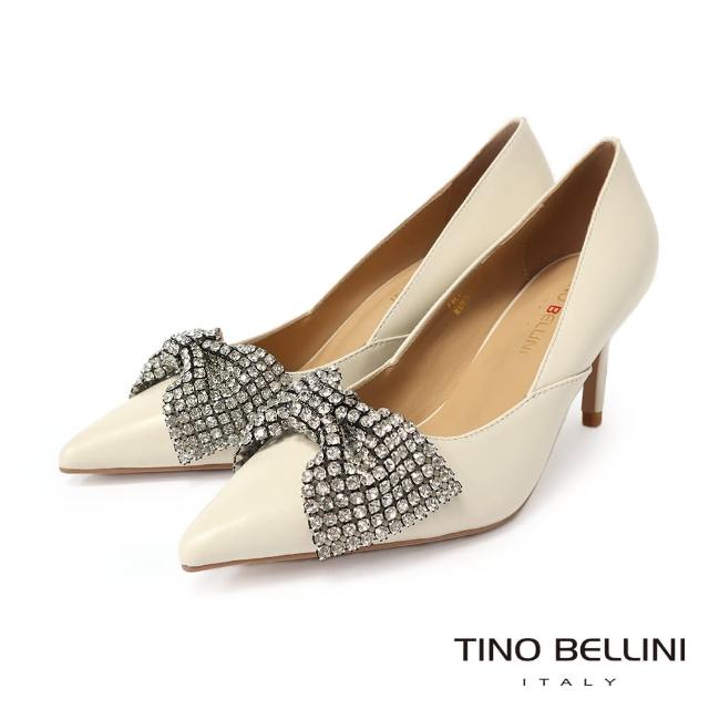 【TINO BELLINI 貝里尼】羊皮蝴蝶結鑽飾尖頭7CM跟鞋FWET008(米白)