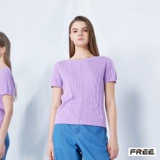 【FREE】有機棉圓領麻花短袖針織衫(淺紫)