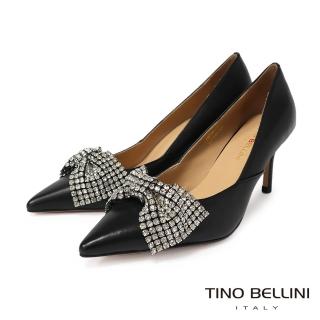 【TINO BELLINI 貝里尼】羊皮蝴蝶結鑽飾尖頭7CM跟鞋FWET008(黑)