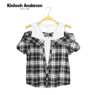 【Kinloch Anderson】圓領短袖上衣 甜美格紋蝴蝶結假兩件式上衣 T恤 附活動式別針 金安德森女裝(黑)