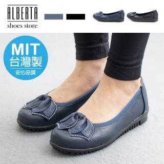 【Alberta】MIT台灣製 跟3cm 舒適乳膠鞋墊素色水鑽裝飾皮質鞋面厚底包鞋 娃娃鞋