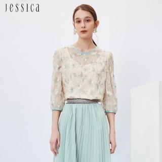 【JESSICA】氣質花卉刺繡蕾絲透膚七分袖上衣233231