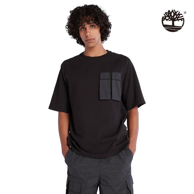 【Timberland】男款黑色混合材質工裝短袖T恤(A6Q9W001)