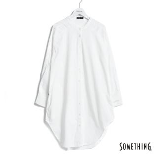【SOMETHING】女裝 削肩立領長版水洗丹寧長袖襯衫(白色)