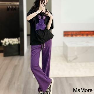 【MsMore】葡萄紫休閒運動套裝寬鬆時尚圓領俏麗顯瘦短袖寬版長褲兩件式套裝#116995(紫)