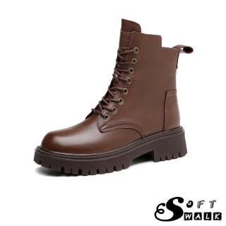 【SOFT WALK 舒步】真皮馬丁靴 粗跟馬丁靴/真皮時尚復古厚底粗跟馬丁靴(棕)