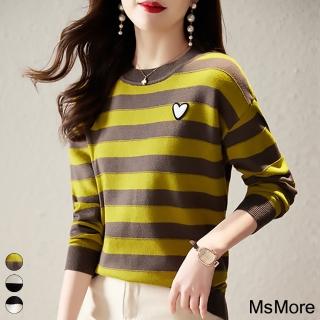 【MsMore】寬鬆圓領長袖條紋針織T卹寬鬆短版上衣#115498(3色)
