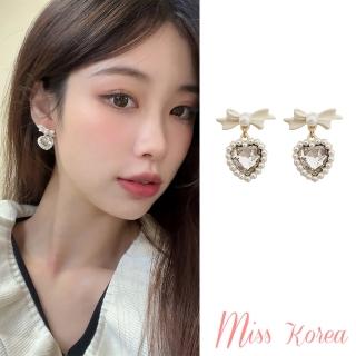 【MISS KOREA】韓國設計S925銀針甜美蝴蝶結珍珠愛心寶石耳環(S925銀針耳環 珍珠耳環 愛心耳環)