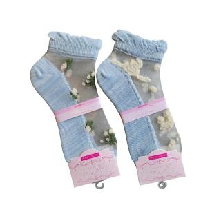【日本WAGO】2雙入 頂級透氣親膚玻璃襪 舒適透明襪花卉花葉透視襪藤蔓蕾絲透膚絲襪(2雙入 水藍色)