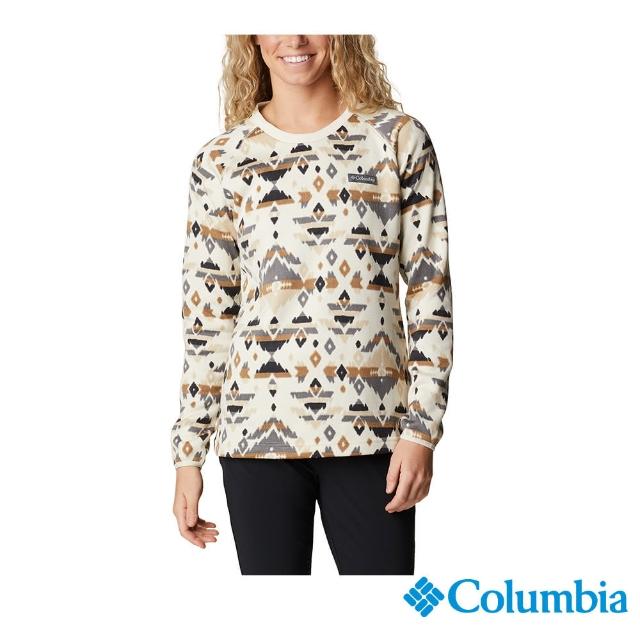 【Columbia 哥倫比亞 官方旗艦】女款- Sweater Weathe刷毛半開襟長袖上衣-白印花(UAR06130FW / 2022秋冬)