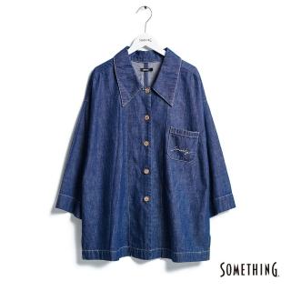 【SOMETHING】女裝 大領片寬版丹寧襯衫(原藍色)