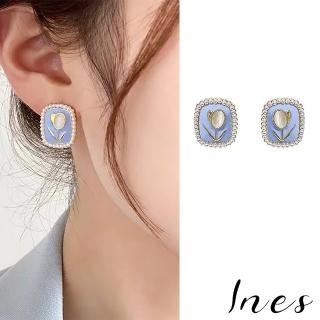 【INES】韓國設計法式復古氣質珍珠山茶花彩釉造型耳環(珍珠耳環 山茶花耳環 彩釉耳環)