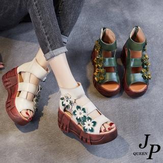【JP Queen New York】雙色花朵露趾坡跟真皮厚底涼鞋(2色可選)