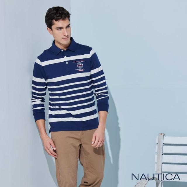 【NAUTICA】男裝 品牌文字LOGO撞色條紋長袖POLO衫(深藍)
