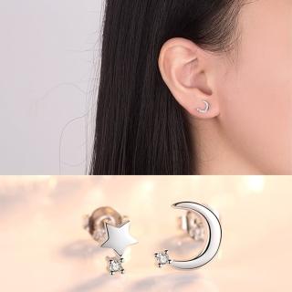 【Emi 艾迷】韓系清新星月點鑽925銀針耳環