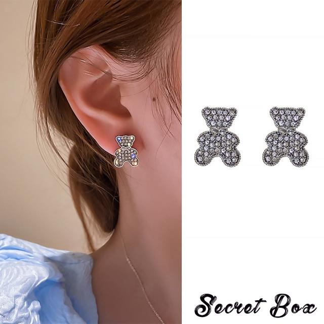 【SECRET BOX】韓國設計S925銀針滿鑽小熊造型耳環(S925銀針耳環 滿鑽耳環 小熊耳環)
