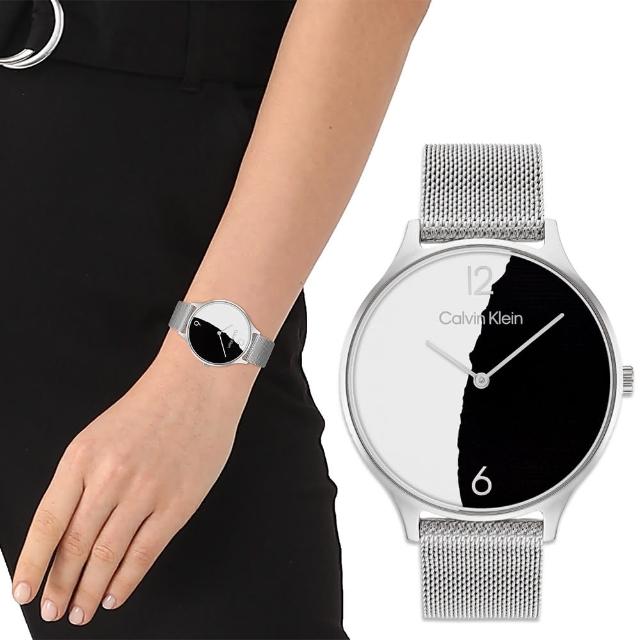 【Calvin Klein 凱文克萊】CK Timeless 2H 黑白極簡雙針米蘭帶女錶-38mm(25200007)
