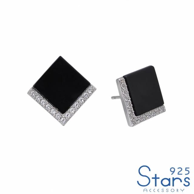 【925 STARS】純銀925美鑽鑲嵌黑色滴釉方塊造型耳環(純銀925耳環 黑色耳環 方塊耳環)