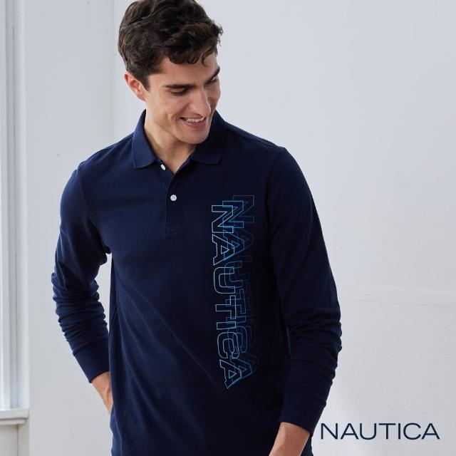 【NAUTICA】男裝 品牌文字LOGO漸變印花長袖POLO衫(藍)
