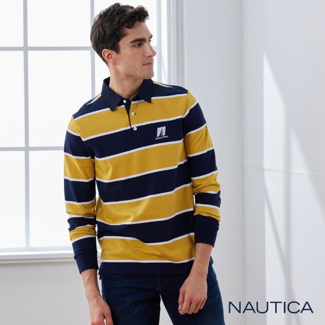 【NAUTICA】男裝 經典撞色粗條紋長袖POLO衫(黃藍)