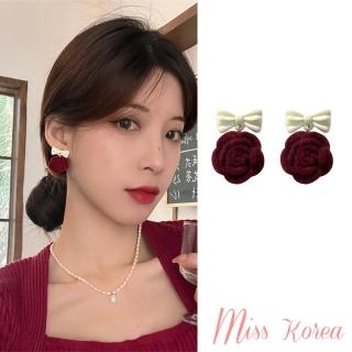 【MISS KOREA】韓國設計S925銀針溫柔氣質植絨玫瑰花朵蝴蝶結造型耳環(S925銀針耳環 玫瑰耳環 蝴蝶結耳環)