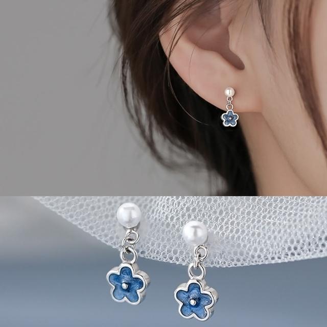 【Emi 艾迷】韓系清新藍色小花垂墜925銀針耳環