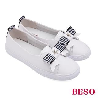 【A.S.O 阿瘦集團】BESO 柔軟牛皮拼接蝴蝶結平底休閒鞋(白色)