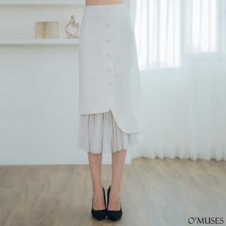 【OMUSES】排釦拼接網紗白色A字短裙13-7077(S-XL)