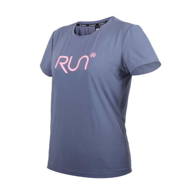 【FIRESTAR】女彈性印花短袖T恤-慢跑 路跑 涼感 運動 上衣 反光 靛灰粉(DL366-13)
